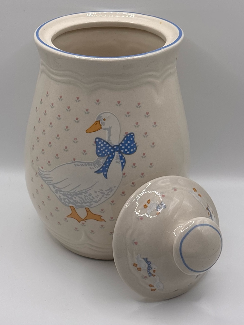 Vintage Tienshan Aunt Rhody Country Goose Blue Bow Canister Cottagecore 6.5"